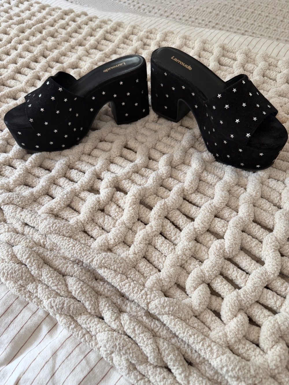 Larroude Black Suede Star-Studded Platform Mules - Picture 2 of 4